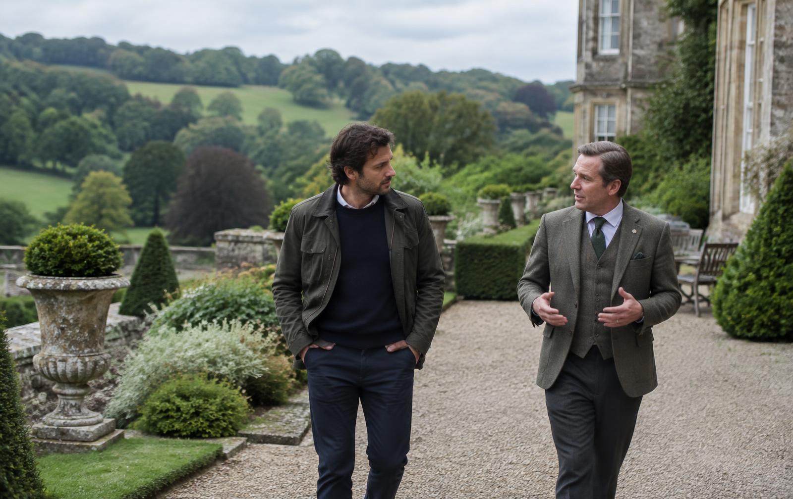 A male journalist walking with a hotel host through the gardens of a historic country house hotel