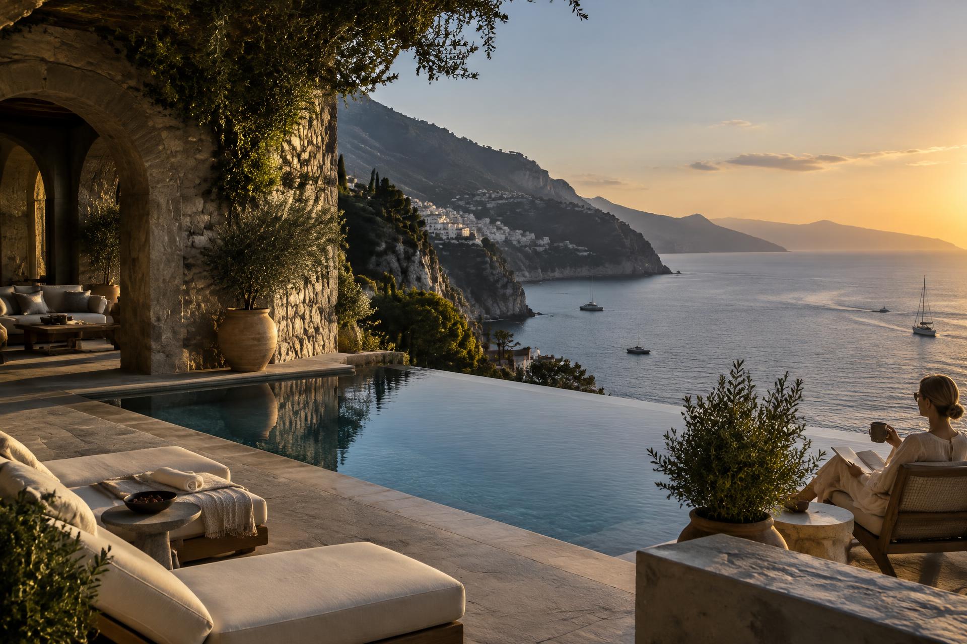 A guest enjoying coffee beside a luxury Mediterranean hotel pool overlooking the coast
